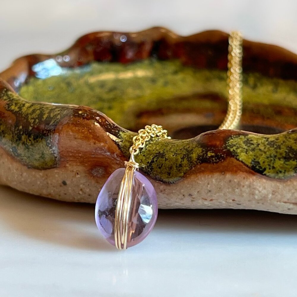 Handmade Wire Wrapped Amethyst Necklace Sterling Silver Gold Fill Delicate Oval